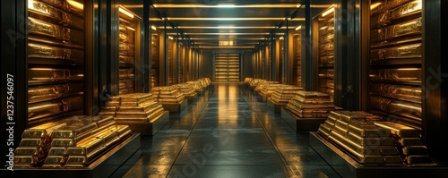 A vast room filled with gleaming gold bars stacked neatly, illuminated by warm light, creating a luxurious and secure atmosphere.