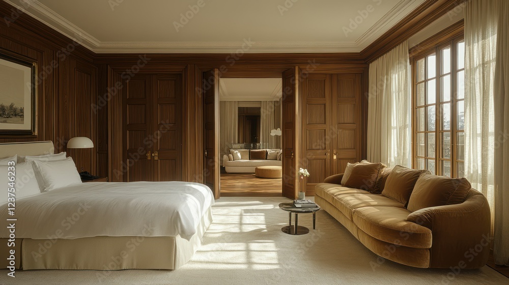 Fototapeta premium Luxury Hotel Suite: Opulent Bedroom and Living Area Design
