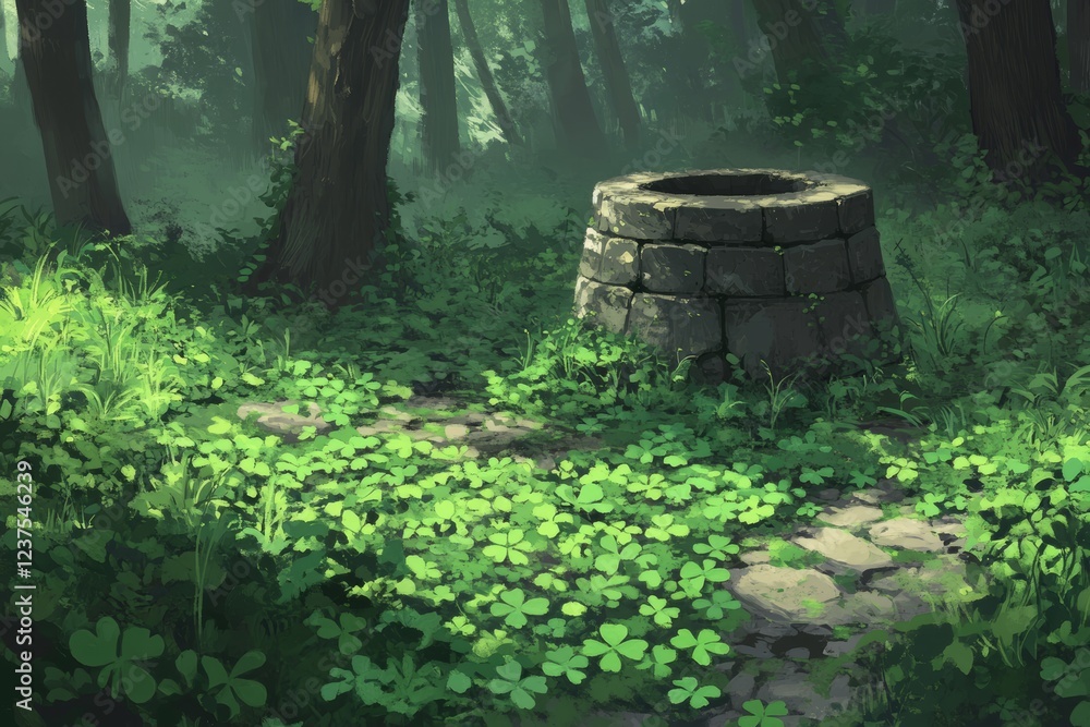 Old stone well in lush forest with sunlit clover path Old stone well in lush forest with sunlit clover path