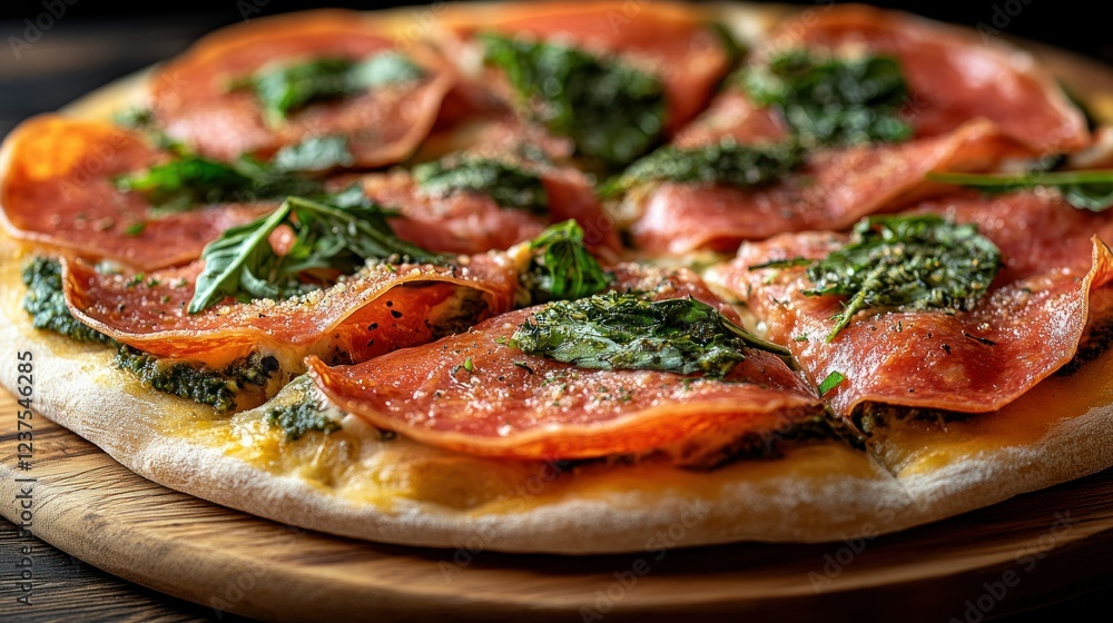 Delicious Salami and Pesto Pizza on Wooden Board Delicious Salami and Pesto Pizza on Wooden Board