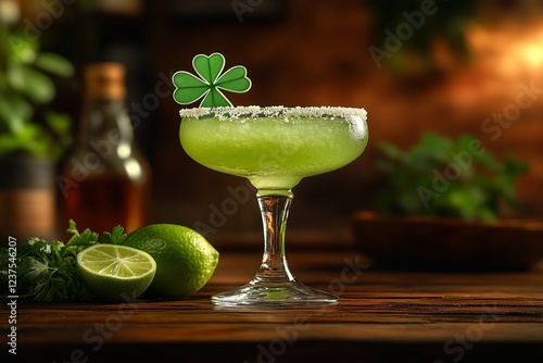 St. Patrick's Drink, with style of Margarita, tequila, lime, shamrock-shaped garnish photo