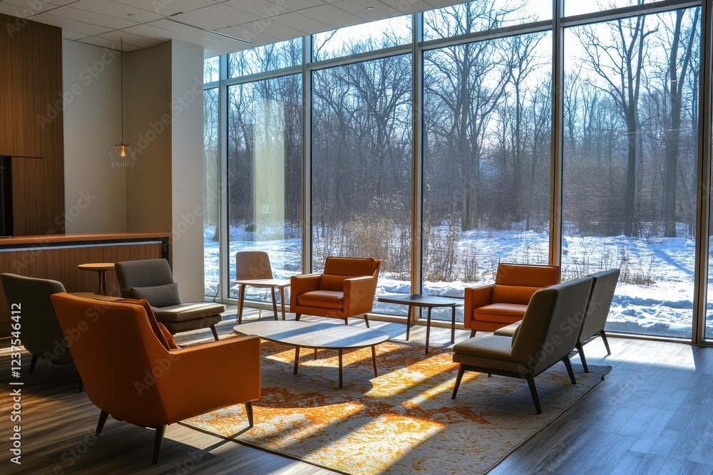 Fototapeta premium A modern lounge with stylish furniture, large windows overlooking a snowy landscape, creating a cozy yet chic atmosphere.