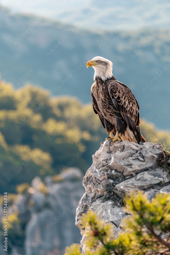 Fototapeta premium Bald Eagle Perched on Rock Cliff with Mountain View