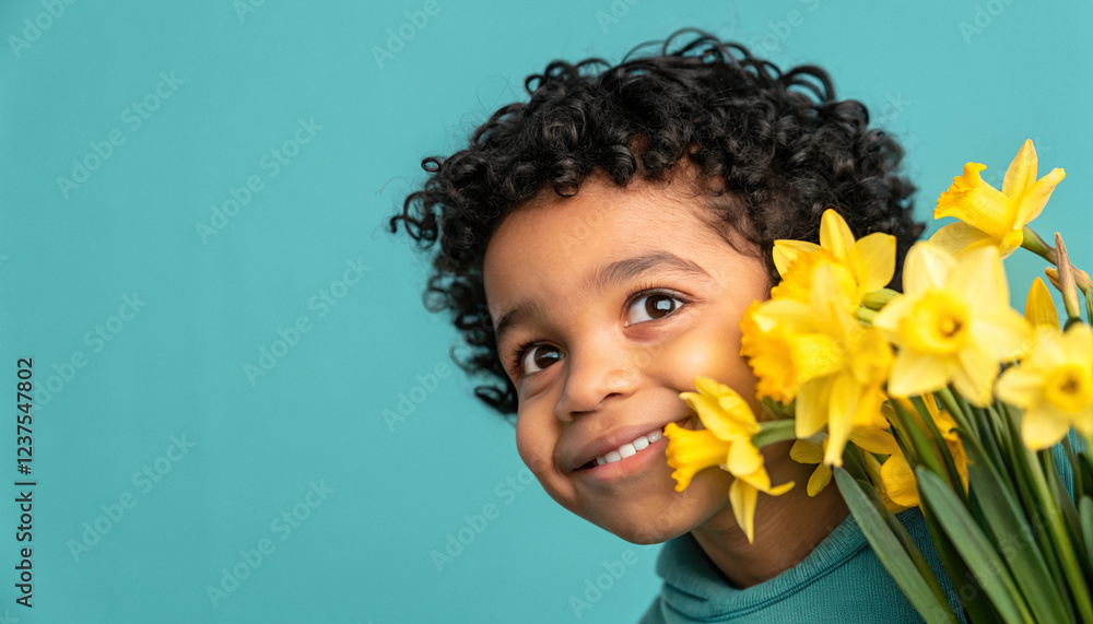Smiling curly-haired child holding yellow daffodils against a blue background Smiling curly-haired child holding yellow daffodils against a blue background