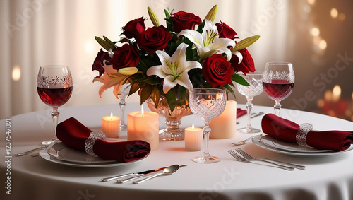 a romantic candlelit dinner setup with wine glasses and a bouquet of flowers. soft lighting and elegant detail.