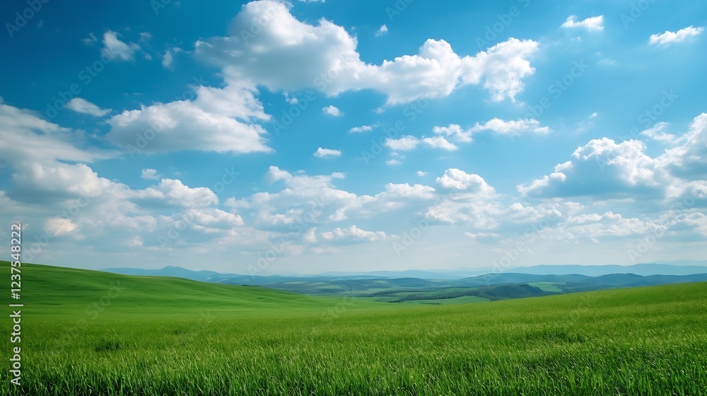 Fototapeta premium Breathtaking Green Meadow Landscape with Clear Blue Sky and Fluffy Clouds : Generative AI