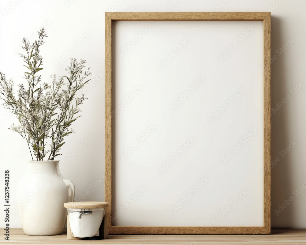 Blank Wooden Frame with Ceramic Vase and Plant on Wooden Table - Minimalist Home Decor Photograph Blank Wooden Frame with Ceramic Vase and Plant on Wooden Table - Minimalist Home Decor Photograph