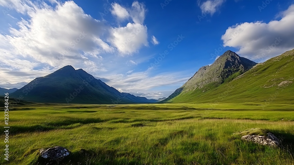 Naklejka premium Breathtaking Highland Valley with Lush Green Meadows and Dramatic Mountain Peaks Against Blue Sky : Generative AI