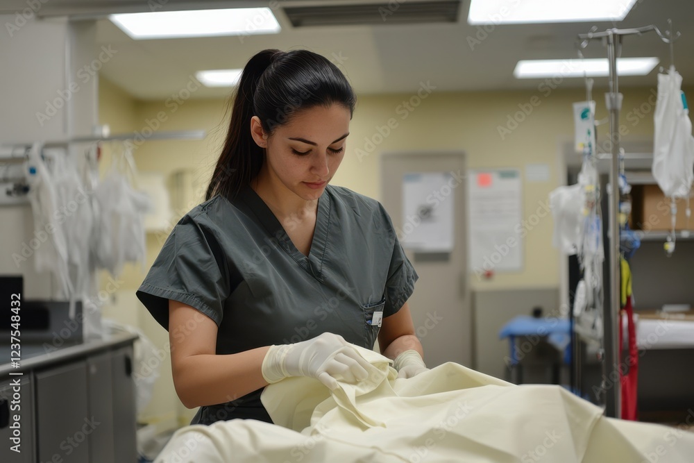 Obraz premium Nurse getting surgical gown ready in hospital OR