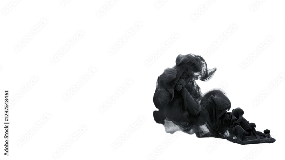 Black ink cloud is swirling and dissolving in transparent water