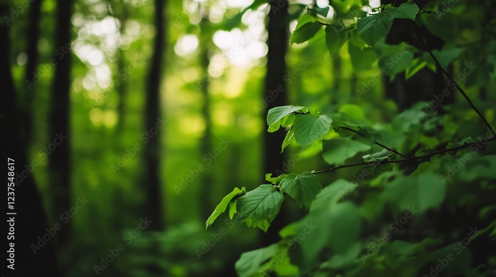 Obraz premium Lush Green Woodland with Sunlight Filtering Through Trees : Generative AI