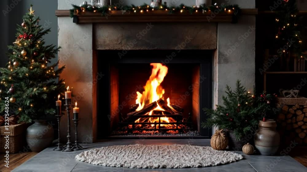 Wood Burning Fireplace, Warm Home Cosy Christmas Time Burning Fire In Fireplace. Slow Motion Wood Burning Fireplace, Warm Home Cosy Christmas Time Burning Fire In Fireplace. Slow Motion