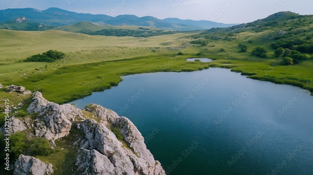 Obraz premium Scenic Aerial View of a Serene Lake Surrounded by Rolling Green Hills : Generative AI