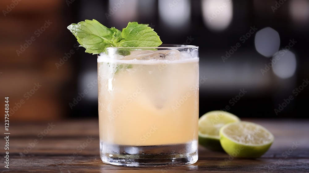 Refreshing cocktail with fresh lime and mint garnish on wooden table : Generative AI Refreshing cocktail with fresh lime and mint garnish on wooden table : Generative AI