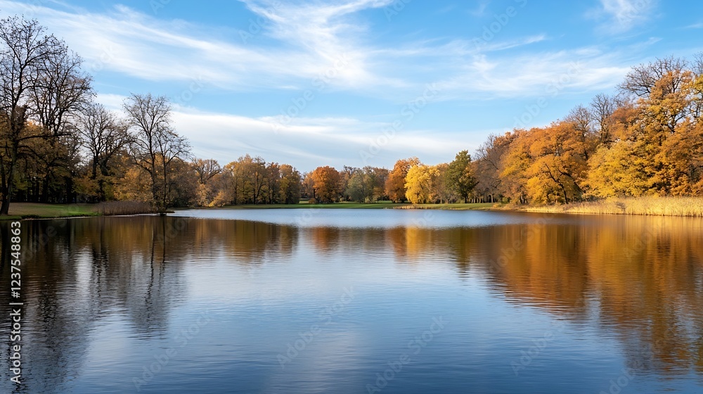 Serene Autumn Lake Reflection with Vibrant Fall Foliage and Clear Blue Sky : Generative AI Serene Autumn Lake Reflection with Vibrant Fall Foliage and Clear Blue Sky : Generative AI