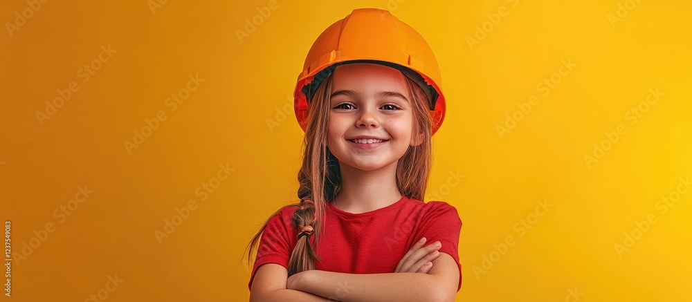 Happy young girl in an engineer's helmet and red shirt stands with arms crossed on a yellow background Happy young girl in an engineer's helmet and red shirt stands with arms crossed on a yellow background