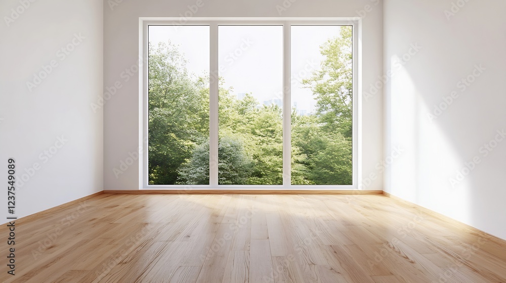 Fototapeta premium Bright Empty Room with Large Window Overlooking Lush Greenery and Natural Light : Generative AI
