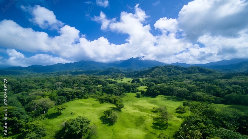 Obraz premium Spectacular Aerial View of Central American Rainforest Under Bright Blue Sky with White Clouds : Generative AI