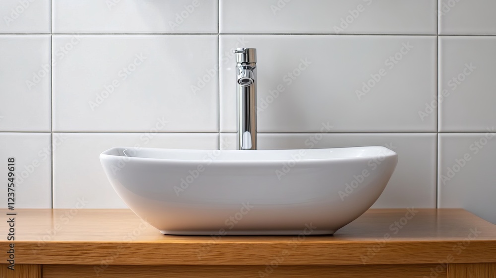 Fototapeta premium A Modern, Minimalist Bathroom Sink With A Chrome Faucet Sits On A Light Wood Countertop Against A White Tiled Wall. Clean And Simple Design.