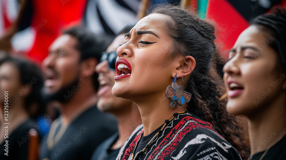 A close-up of a group of people singing and dancing the haka, their expressions fierce and proud, Waitangi Day flags waving in the background A close-up of a group of people singing and dancing the haka, their expressions fierce and proud, Waitangi Day flags waving in the background