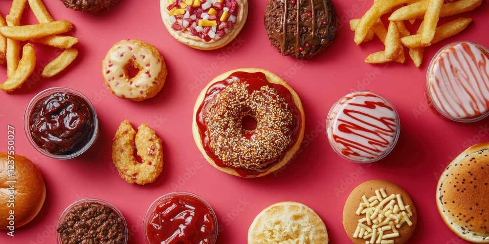 Fototapeta premium Delicious Donuts, Fries, and Sauces Flat Lay on Pink Backdrop, Generated AI