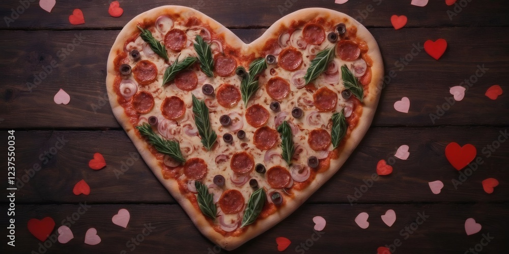 Fototapeta premium Flat lay view of pizza in shape of romantic heart, in the stile of valentine s day,
