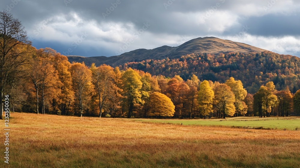Fototapeta premium Rolling Hills with Autumn Forest Scenery Under Cloudy Sky in Countryside : Generative AI