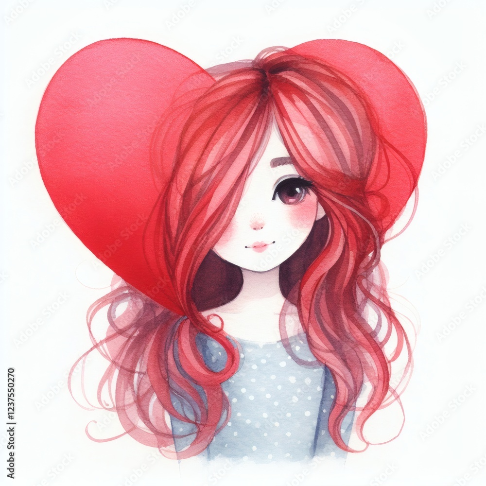 Girl with a red heart, watercolor illustration on white background, concept valentine's day Girl with a red heart, watercolor illustration on white background, concept valentine's day