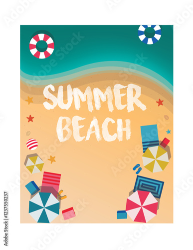 Summer ocean view, overhead aerial view with vacation items placed on the beach.