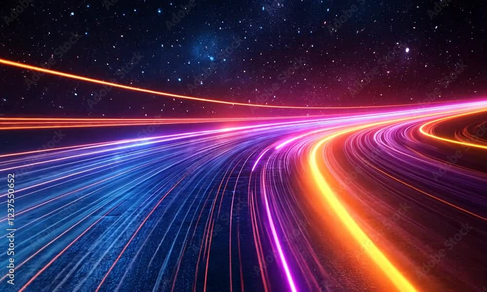 Vibrant night scene of light trails on a highway with a starry sky in the background Vibrant night scene of light trails on a highway with a starry sky in the background