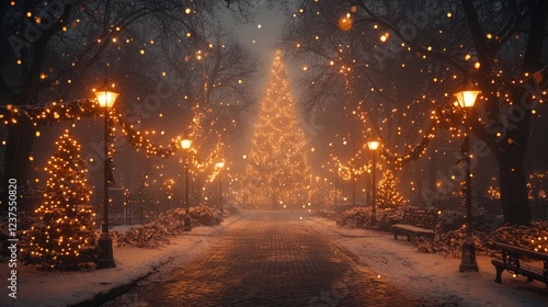 Wallpaper Mural Magical winter park path, Christmas tree, snow, lights, festive atmosphere, holiday card Torontodigital.ca