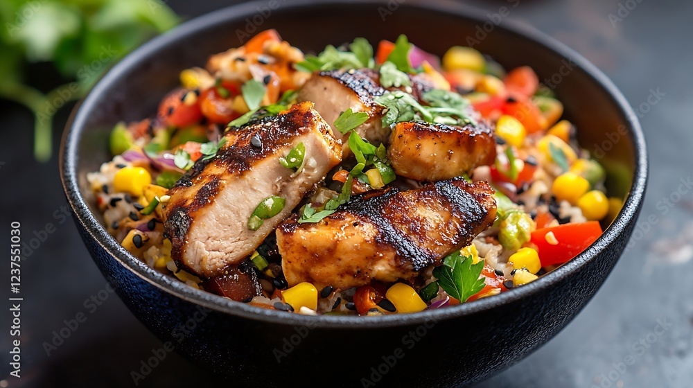 Fototapeta premium Grilled Chicken with Fresh Vegetable and Quinoa Mix in Rustic Bowl NutrientRich Lunch Delight : Generative AI