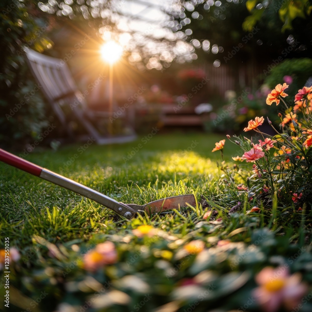 Naklejka premium Sunlight Shines Through Garden Flowers at Dusk in Beautiful Setting