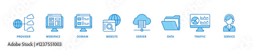 Web hosting icon set flow process which consists of provider, webspace, domain, website, server, data, traffic and service icon live stroke and easy to edit .