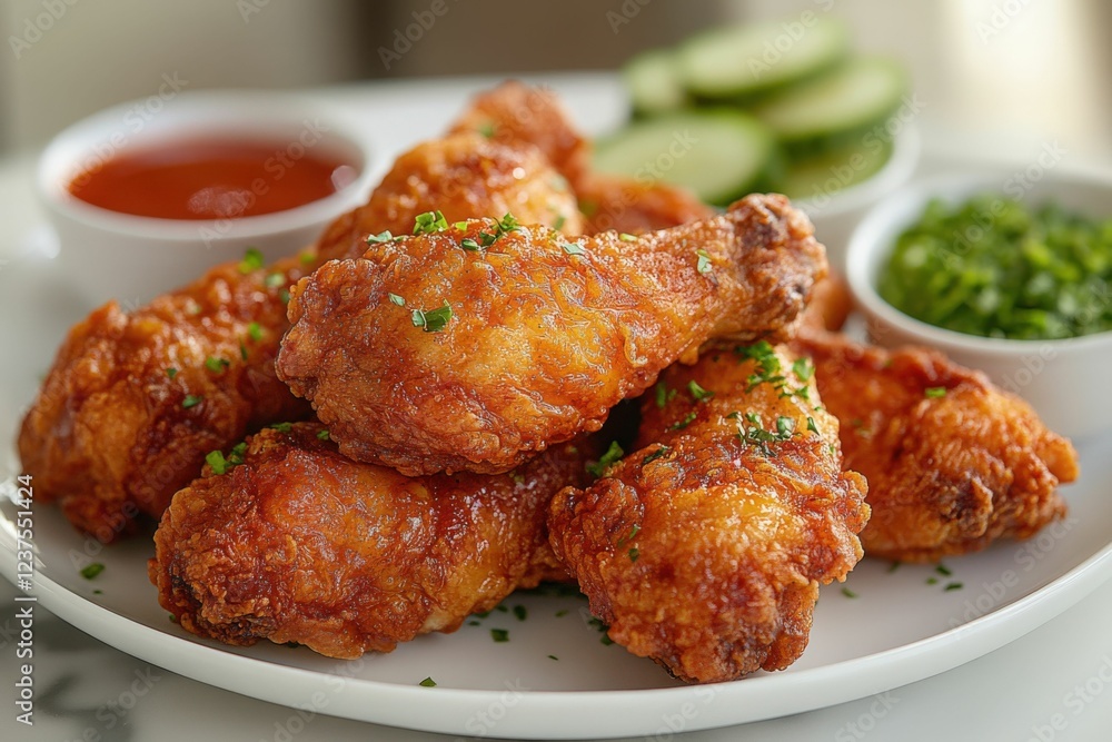Fried chicken with sauces, close up, delicious and crispy, food photography, Generated AI Fried chicken with sauces, close up, delicious and crispy, food photography, Generated AI