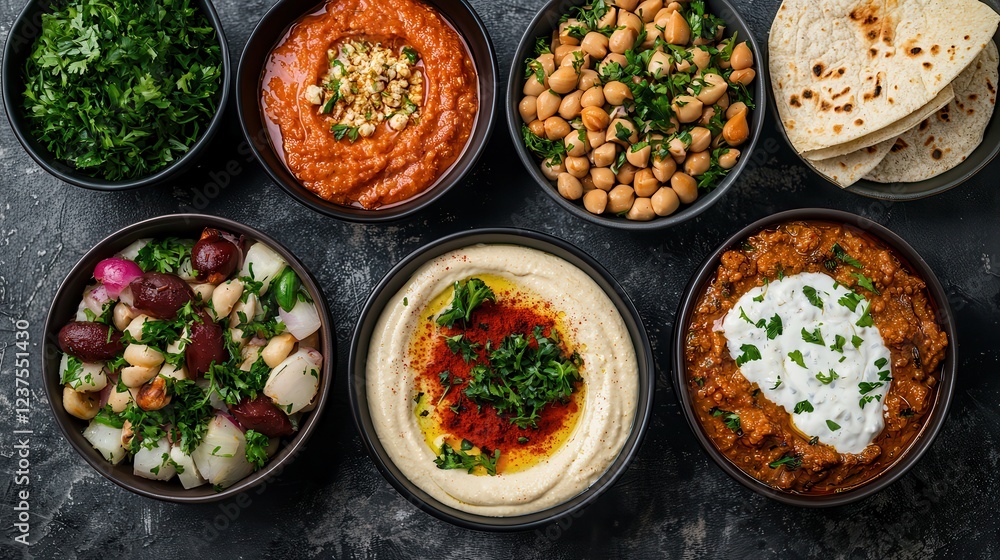 A Ramadan feast celebrates with cultural meals and joy. Assorted Middle Eastern dishes in bowls with fresh herbs and breads. A Ramadan feast celebrates with cultural meals and joy. Assorted Middle Eastern dishes in bowls with fresh herbs and breads.