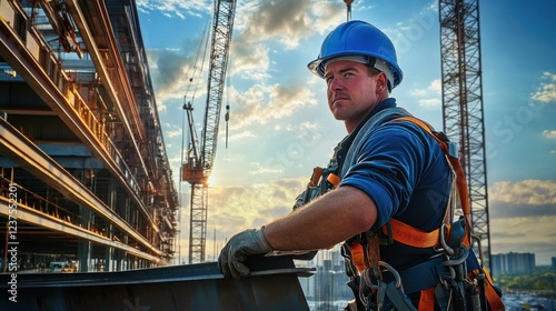 An ironworker in a blue hard hat and safety harness, standing on a high steel beam and looking confidently at the camera, with a background of a steel structure and cranes