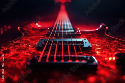 Fiery red guitar close-up with a dark background, intense music vibe, Generated AI