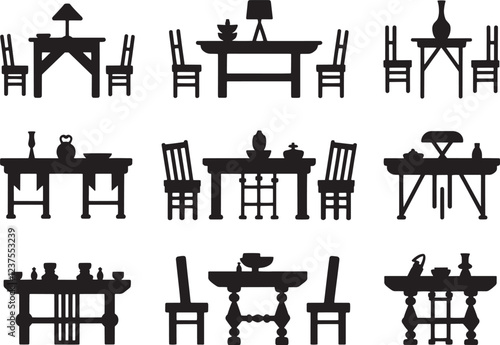 Chair And Table Silhouette on Isolated white background 