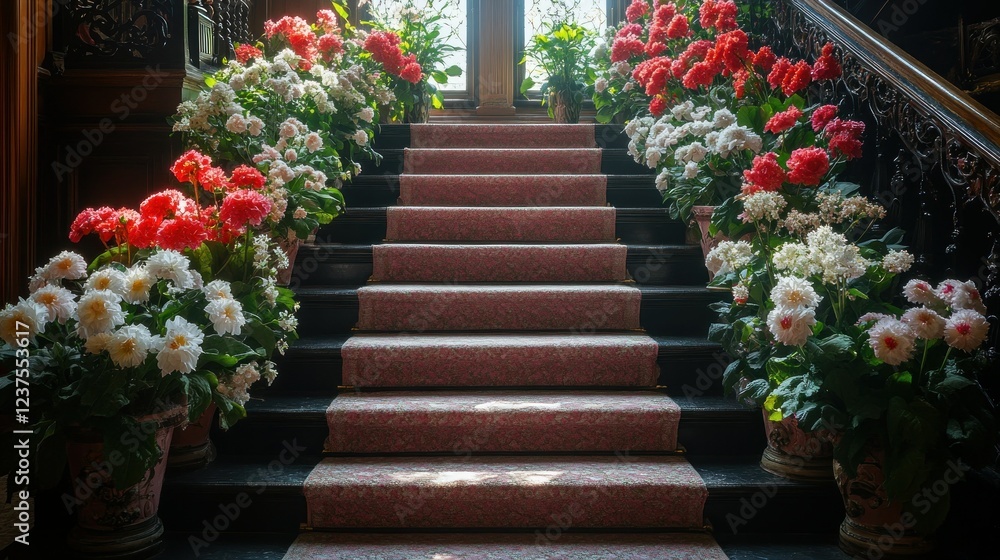 Fototapeta premium Grand Staircase Adorned with Vibrant Geraniums and Dahlias