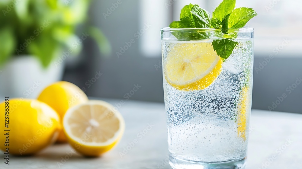 Fototapeta premium Refreshing Sparkling Water with Lemon and Mint in Sunlit Kitchen Setting : Generative AI