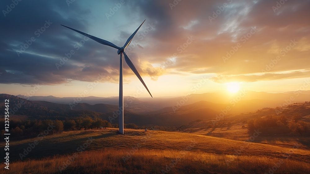 Stunning sunset view with a wind turbine on a hilltop under dramatic cloudy skies : Generative AI Stunning sunset view with a wind turbine on a hilltop under dramatic cloudy skies : Generative AI