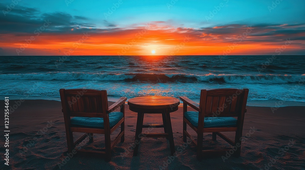 Romantic Sunset Beach Scene: Chairs Facing Ocean Romantic Sunset Beach Scene: Chairs Facing Ocean
