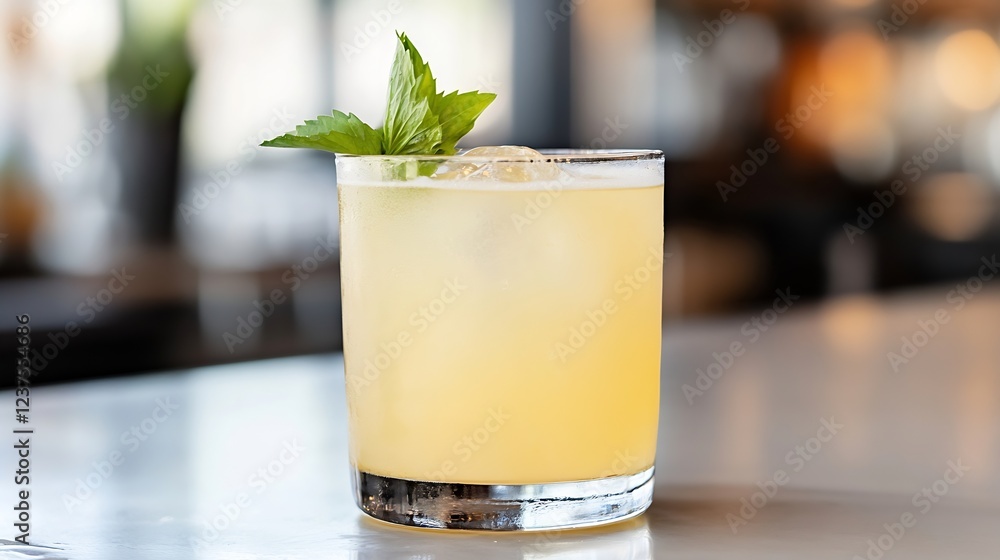 Elegant yellow cocktail with a green garnish served in a short glass on a blurred background setting : Generative AI Elegant yellow cocktail with a green garnish served in a short glass on a blurred background setting : Generative AI