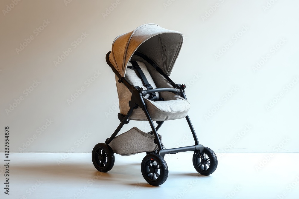 Baby stroller with gray fabric seat and black wheels, side view, isolated on a white background for newborn city travel. Baby stroller with gray fabric seat and black wheels, side view, isolated on a white background for newborn city travel.
