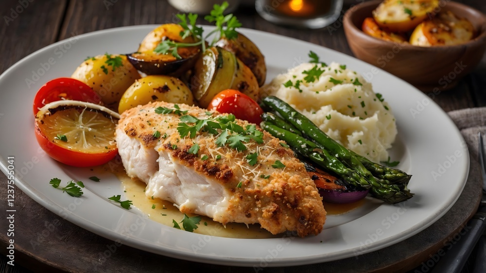 Parmesan-Crusted Chicken Served with Mashed Potatoes and Roasted Vegetables Parmesan-Crusted Chicken Served with Mashed Potatoes and Roasted Vegetables
