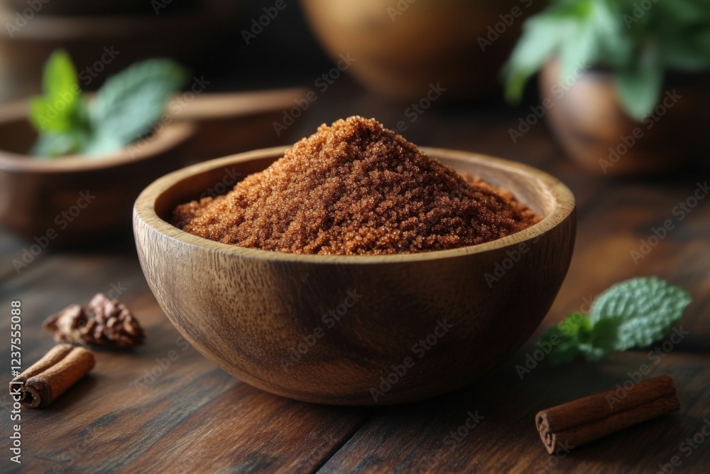 Brown sugar in wooden bowl with spices on wood table, food ingredient Generated AI Brown sugar in wooden bowl with spices on wood table, food ingredient Generated AI