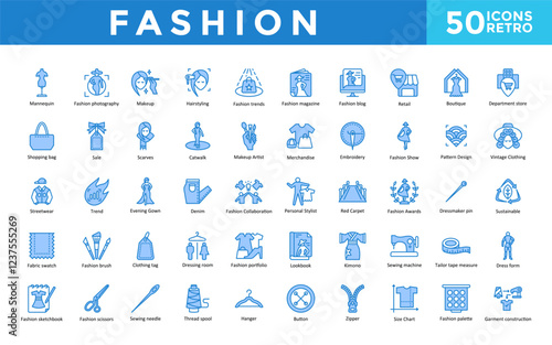 Fashion icons set with mannequin, fashion photography, makeup, hairstyling, fashion trends, fashion magazine, fashion blog, retail, boutique, department store icon. Simple retro vector 
