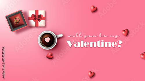 Happy Valentines day cup of coffee and couple rings in the box pink background