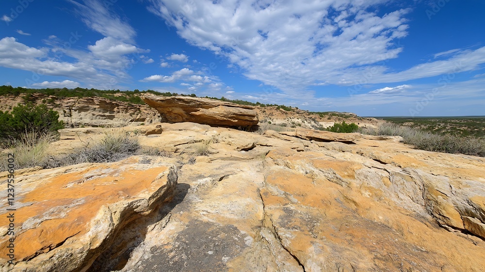 Obraz premium Stunning desert landscape with rocky terrain under a partly cloudy sky : Generative AI
